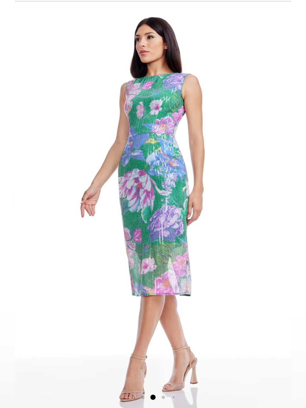 Dress the Population Green Floral Sequin Midi Dress with Pink & Purple Accents